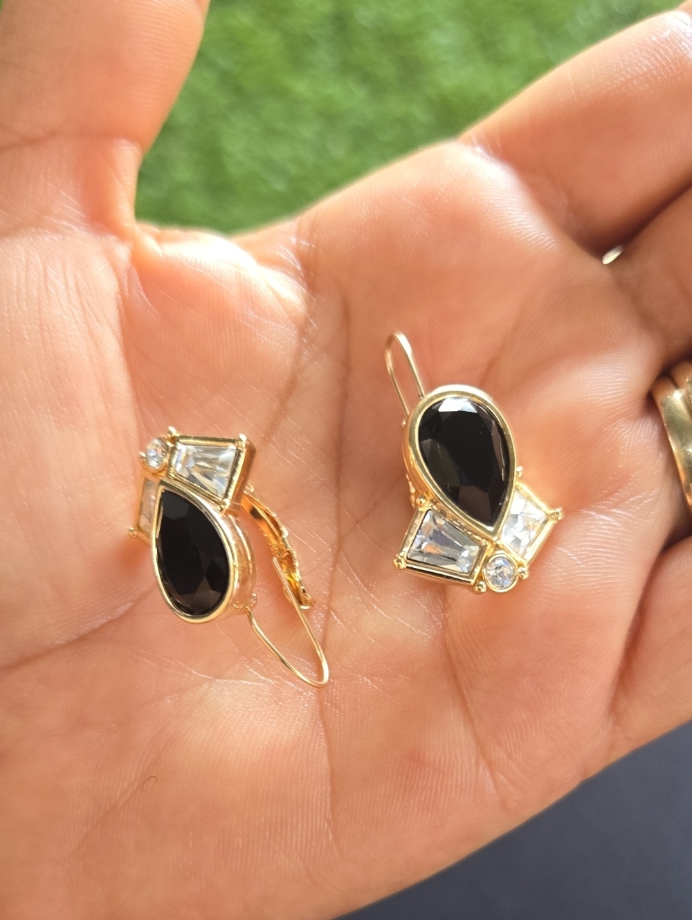 VIntage Swarovski Art Deco Jet Black Crystal Fan Drop Earrings (Swan Marked)